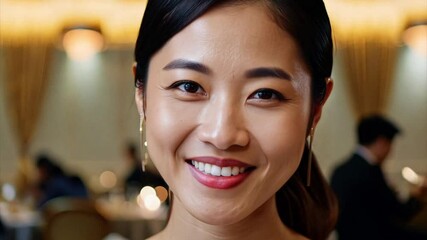 Close up of a beautiful young Asian woman with her hair tied back smiling while on a date at a fancy restaurant.