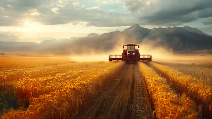 Fototapeta premium tractor harvesting wheat in the mountains, dust clouds, golden hour, cinematic, realistic, epic, award winning photography, editorial style