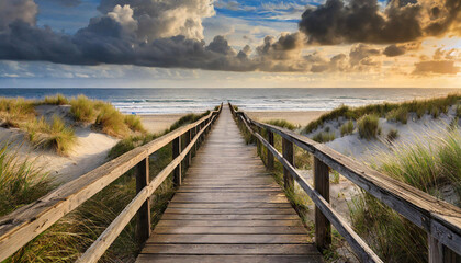 Fototapeta premium Wooden boardwalk leading through sand dunes to a serene beach under a dramatic and colorful sky.