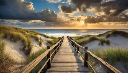 Obraz premium Wooden boardwalk leading through sand dunes to a serene beach under a dramatic and colorful sky.