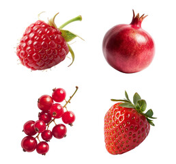 Red fruits collection isolated transparent background. Including strawberry, raspberry, pomegranate, and red currant. Clipart for food packaging, recipe book and healthy eating promotion.