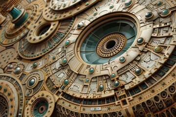 Obraz premium Intricate details of a clock face with hands pointing to specific numbers for timekeeping, Craft an intricate pattern that evokes a sense of science fiction and technological advancement
