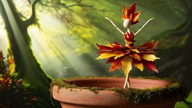 A whimsical miniature figure composed of delicately arranged autumn leaves, poised in a carefree dance on the rim of a weathered, 4K HD video created with generative ai.
