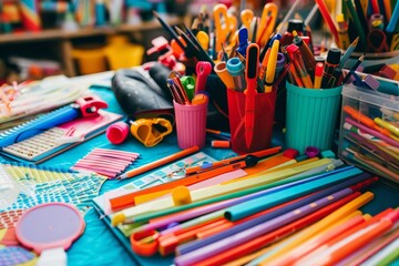 Obraz premium Various colored pencils arranged on a table, ready for crafting or drawing activities, Crafting together on a rainy day with colorful supplies