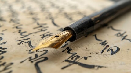 Close up of a gold fountain pen resting on a sheet of handwritten paper