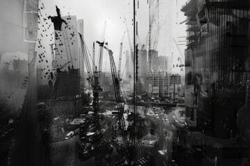 Black and white cityscape featuring cranes overseeing a busy construction site, Cranes towering over a bustling construction site