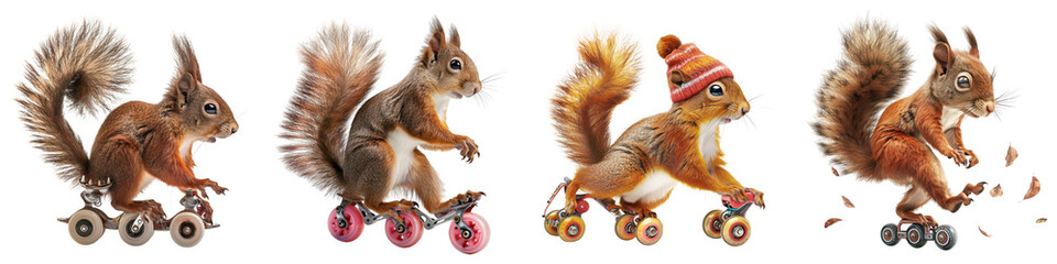 Obraz premium Set of a squirrel roller skating with roller skates on her feet on a transparent background