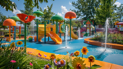 A vibrant and colorful children's water playground with multiple slides, fountains, and splash pads, perfect for summer fun and outdoor activities.
