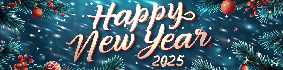 Obraz premium Background with snow, Christmas tree branches and ball, the inscription Happy New Year 2025. Merry Christmas. Banner