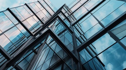 Modern glass facade of a tall building on a sunny day