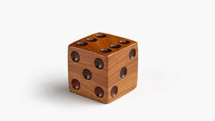 3d render of wooden dice with engraved circular dots on its faces. The dice is for board games, also for gambling and casino. The dice isolated on a white background.