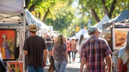 People browsing art at an outdoor market in the afternoon