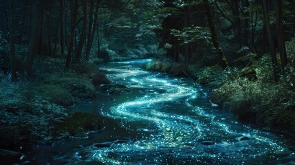 Bioluminescent river glowing at night in a dense forest shows the magic of nature concept