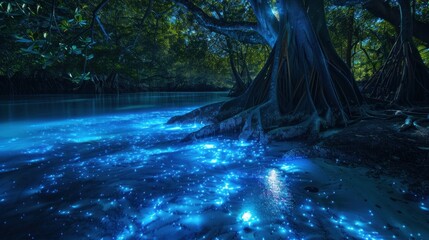 Mystical glowing forest with bioluminescent waters and illuminated trees, nature concept