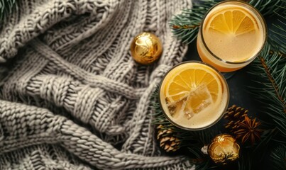 Christmas winter cozy drink, lights, pine cone, grey knitted blanket or sweater on stone table background. Cozy New Year composition with copy space. Hot drink concept. Flat lay, top view