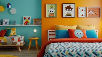 A colorful bedroom with a bed, teddy bears, and a lamp