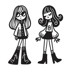 stylish cartoon girls doodle sketch, fashion illustration