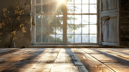 Wooden tabletop with sunbeams streaming through window