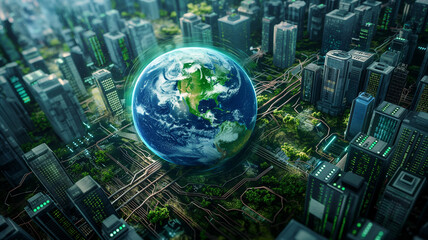 A visionary depiction of a cuttingedge ecofriendly city, harmonizing urban expansion with natural elements, advocating for sustainable living practices and environmental preservation