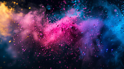 Festiwal kolorów holi - kolorowe proszki na czarnym tle. Sztuka nowoczesna. Tapeta lub szablon baneru. Różowe i niebieskie dynamiczne ujęcie © yeseyes9