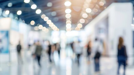 Blurred view of people walking through a convention center