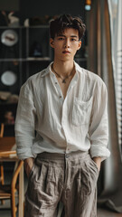 Fototapeta premium A handsome Chinese literary young man with deep and reflective eyes, wearing a loose cotton and linen shirt and slacks, in a modern officegenerative ai