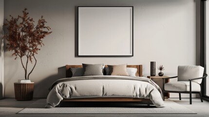 A bedroom with a wooden bed, white pillows, and a white framed picture on the wall