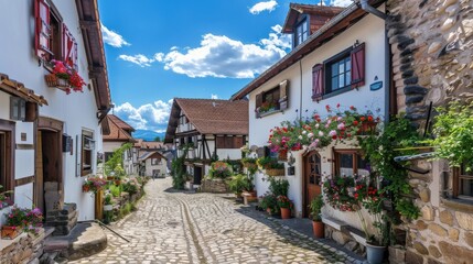 A street with houses on both sides and a cobblestone road