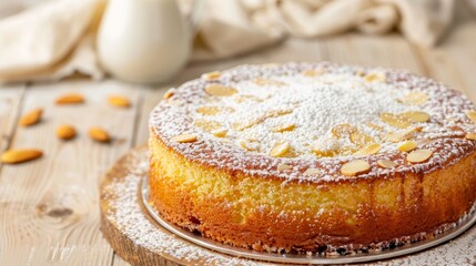 Homemade almond cake with powdered sugar on wooden table, focus cover all object