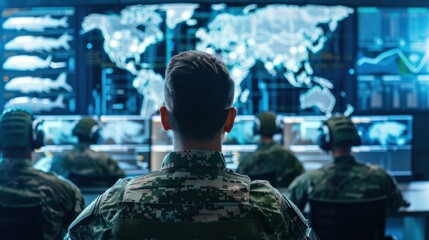 A group of military are sitting in front of computer monitors with a large world map on the wall behind them