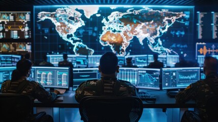 A group of military are sitting in front of computer monitors with a large world map on the wall behind them