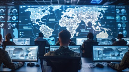 A group of military are sitting in front of computer monitors with a large world map on the wall behind them