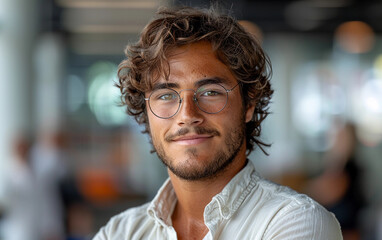 Obraz premium A man with glasses is smiling and posing for a picture. The image has a casual and friendly vibe, with the man looking relaxed and comfortable in front of the camera