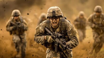 A man in a military uniform is running through a field of dirt