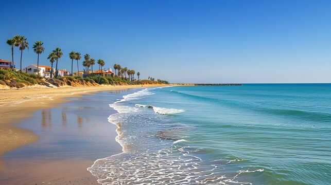 Relax on the sandy shores of Islantilla, Spain. Watch the crystal-clear waves gently crash onto the beach. Palm trees sway in the warm breeze, creating a serene and peaceful atmosphere.
