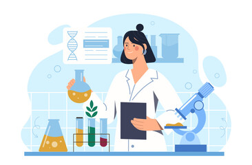 Creation of new medicines. Woman in medical uniform near microscope. Chemist and scientist in laboratory with ingredients for drugs. Flat vector illustration isolated on white background