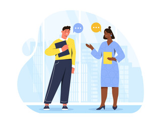 Discussion of work issues. Man and woman discussing business project and tasks. Colleagues and partners brainstorming. Conversation and communication. Flat vector illustration