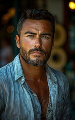 Fototapeta premium A man with a beard and glasses is wearing a blue shirt. He is looking at the camera