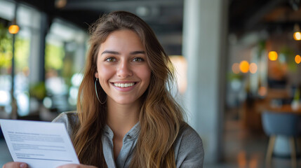 Fototapeta premium Smiling female financial advisor holding documents in the office 