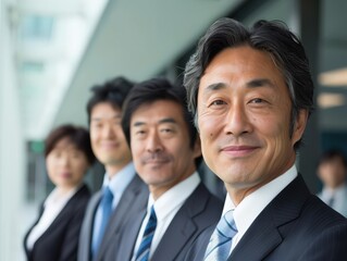 Obraz premium A group of businesspeople in suits are smiling for a photo. Scene is happy and professional