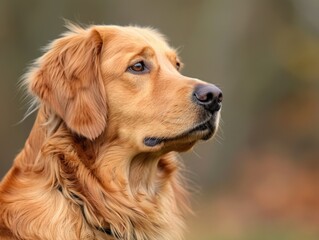 Obraz premium A golden retriever with a black nose and brown eyes