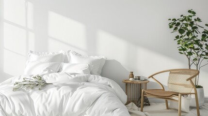 White bedroom with sunlight and natural elements