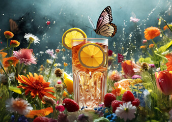 Fototapeta premium Captivating scene with a glass filled with a beverage and garnished with fruit slices and flowers, centered amidst a lush field of vibrant wildflowers