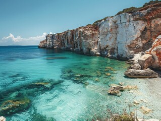 Obraz premium High-resolution photo of a Mediterranean cove with crystal-clear waters and dramatic cliffs, set against a plain backdrop to emphasize the pristine and untouched beauty 
