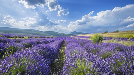 Naklejka premium Idyllic countryside with rolling fields of lavender under a bright sky, perfect for a fragrant and scenic travel destination 