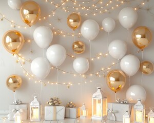 Minimalist room featuring white and gold balloons on the wall, floor lanterns, gifts on the ground, and lights garland, in a modern interior design.