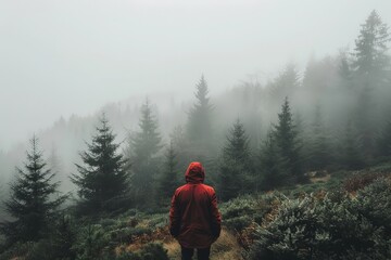 Fototapeta premium Person navigating a dense foggy forest, with a simple backdrop of mist and trees 