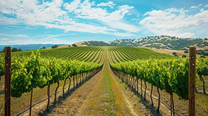 Naklejka premium Picturesque vineyard with rows of grapevines under a bright sky, ideal for a wine-tasting travel destination 