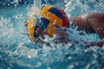 Close-up of a water polo player’s hands catching the ball, with water splashes and intensity