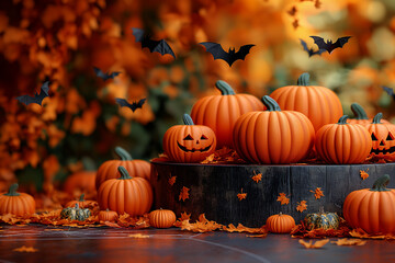 Fototapeta premium A table full of pumpkins with bats flying around them